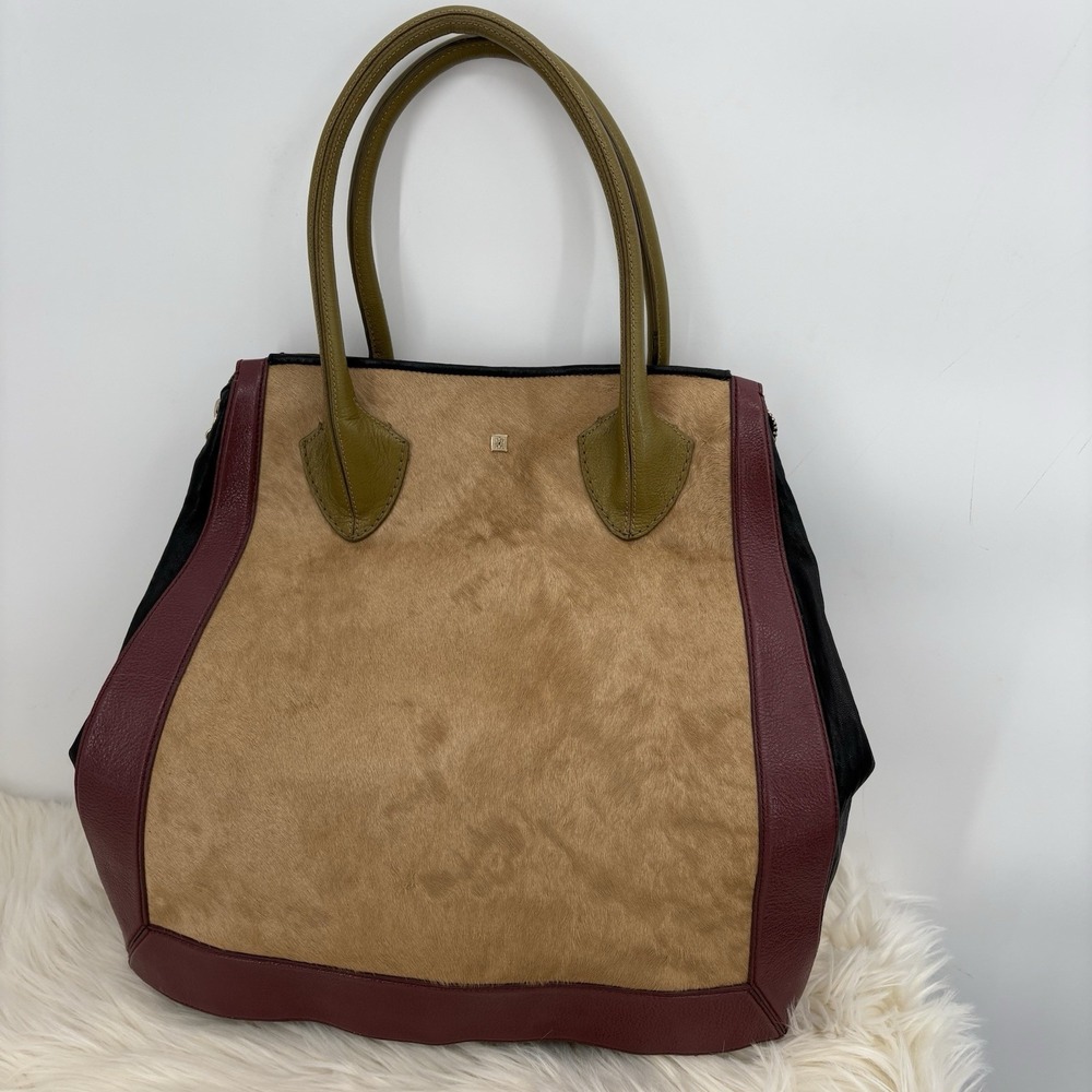 Pour La Victoire Tote Bag Leather Black Beige Faux Fur‎ Purse Handbag Colorblock
